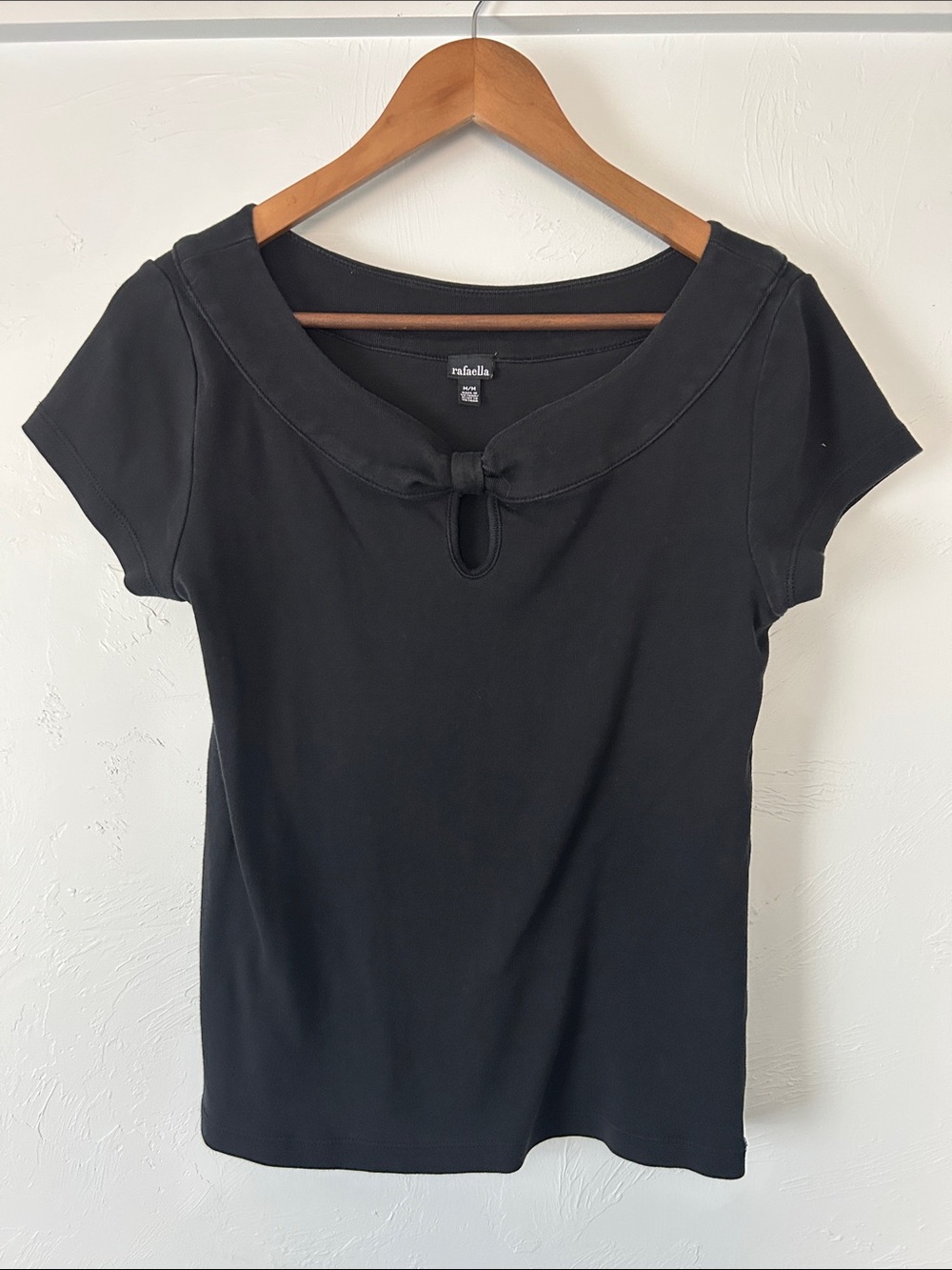 Rafaella Black Short Sleeve Top with Keyhole Knot Collar